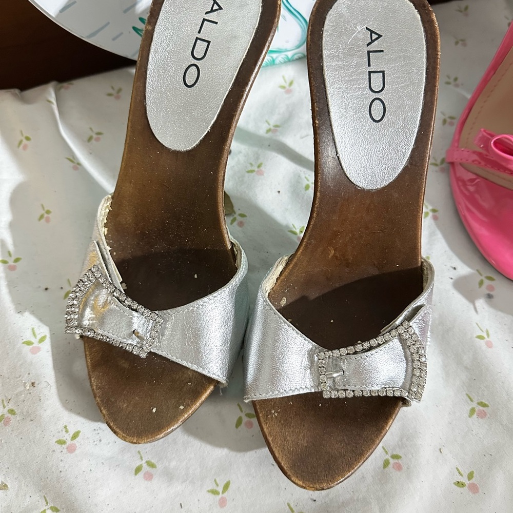 ALDO Silver Mules with Rhinestone Accent